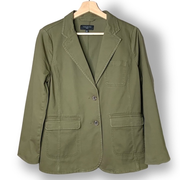TALBOTS Petite Cotton Blend Unstructured Button Front Blazer Army Green Sz 10p - Picture 1 of 8